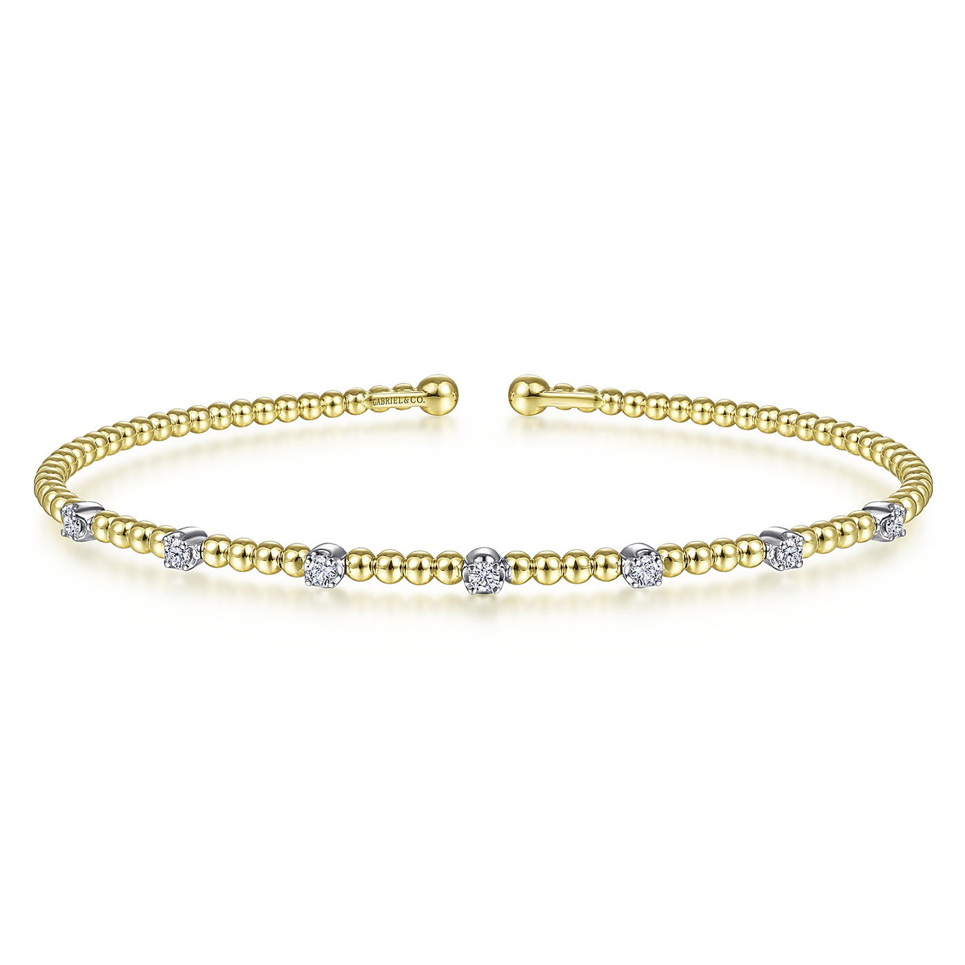14KT WHITE-YELLOW GOLD BUJUKAN BEAD CUFF BRACELET WITH DIAMOND STATIONS