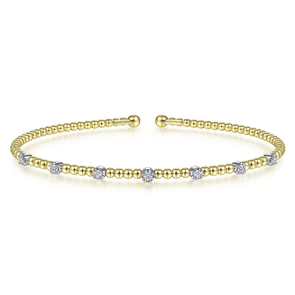 14KT WHITE-YELLOW GOLD BUJUKAN BEAD CUFF BRACELET WITH DIAMOND STATIONS