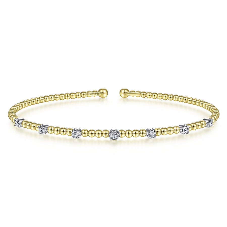 14KT White-Yellow Gold Bujukan Bead Cuff Bracelet with Diamond Stations