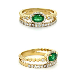 14K YELLOW GOLD EMERALD RING WITH DIAMOND HALO