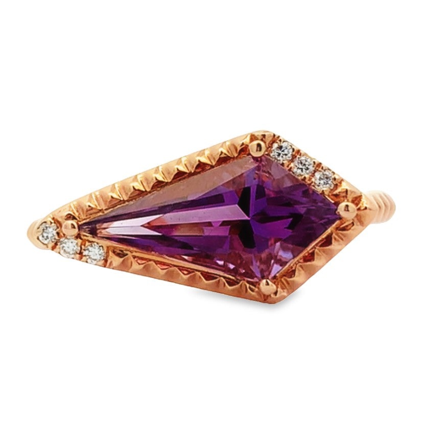 14K Rose Gold Amethyst and Diamond Kite Shape Unique Ring
