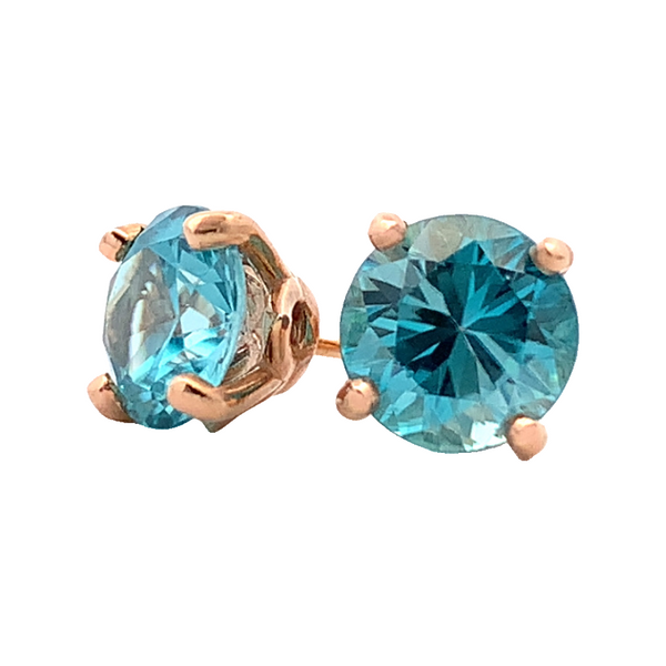 14K Rose Gold Round Blue Zircon Stud Earrings