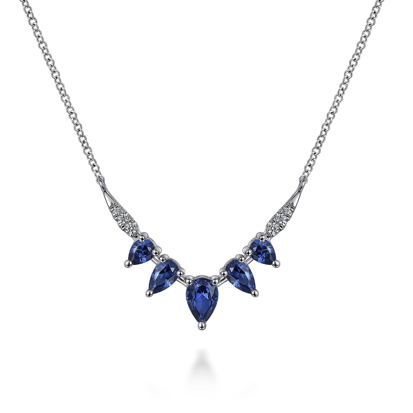 14K WHITE GOLD BLUE SAPPHIRE AND DIAMOND CHEVRON BAR NECKLACE