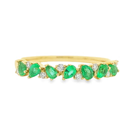 14K Yellow Gold Pear Shape Emerald and Diamond Stackable Ring
