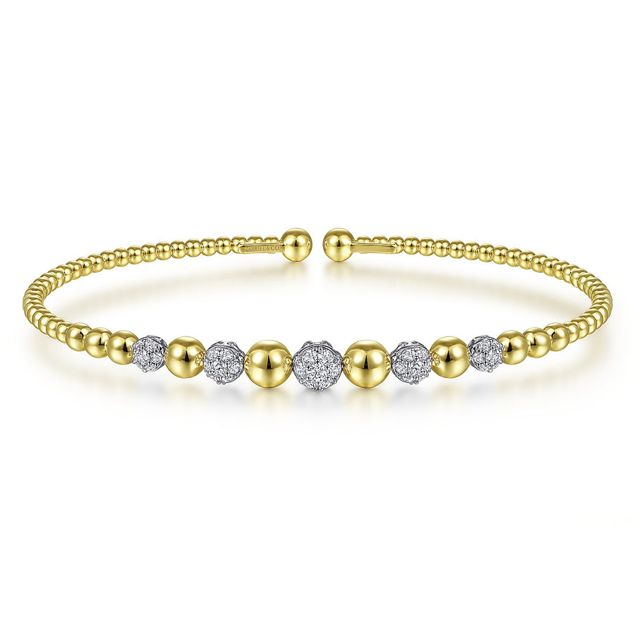 14KT Yellow-White Gold Bujukan Bead Cuff Bracelet with Pavé Diamond Stations