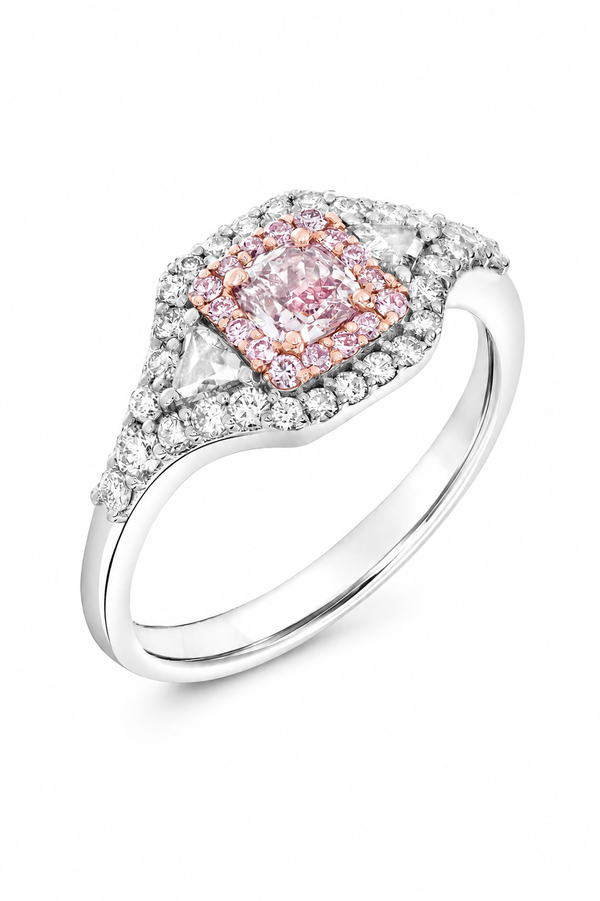 18KW .17 CTW CENTER PINK CUSHION, TRILLION, PINK MELEE, AND WHITE MELEE DIAMOND RING