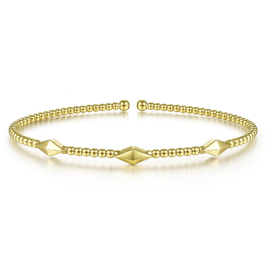 14KT Yellow Gold Bujukan Bead Cuff Bracelet with Pyramid Stations