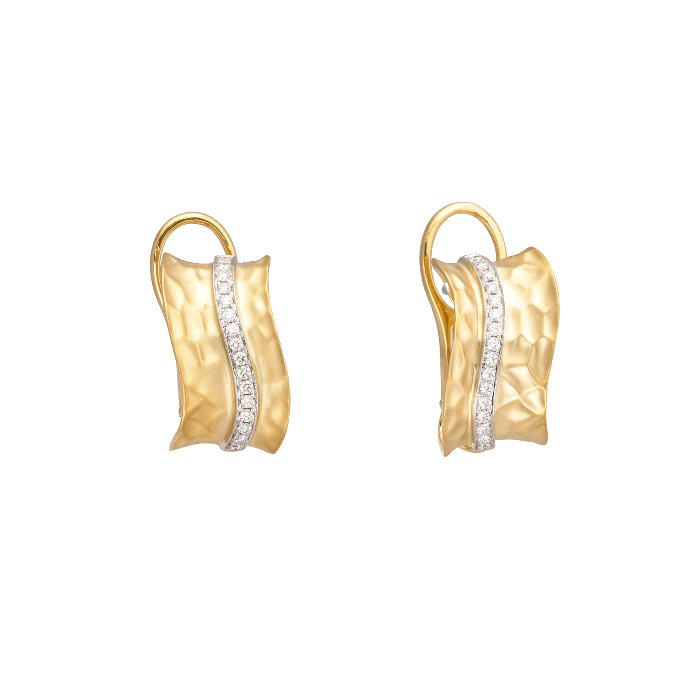 18K TWO TONED DIAMOND AND HAMMERED GOLD EARRINGS