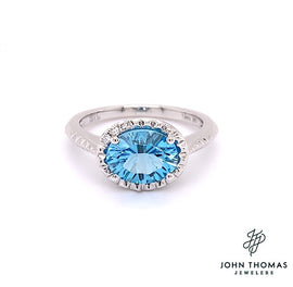14K Oval White Gold Swiss Blue Topaz Ring with Diamond Accents