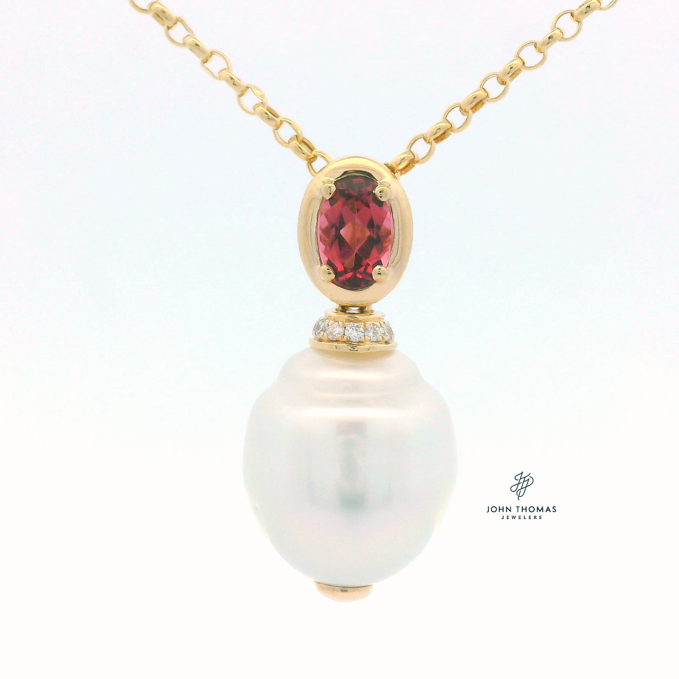 14KY PINK TOURMALINE, DIAMOND, AND PEARL PENDANT
