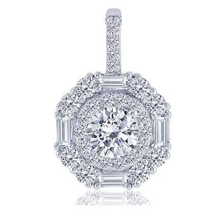 14K WHITE GOLD ROUND DIAMOND CENTER WITH BAGUETTE DIAMOND HALO PENDANT