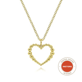 14KT Yellow Gold Bujukan Beaded Open Heart Pendant Necklace