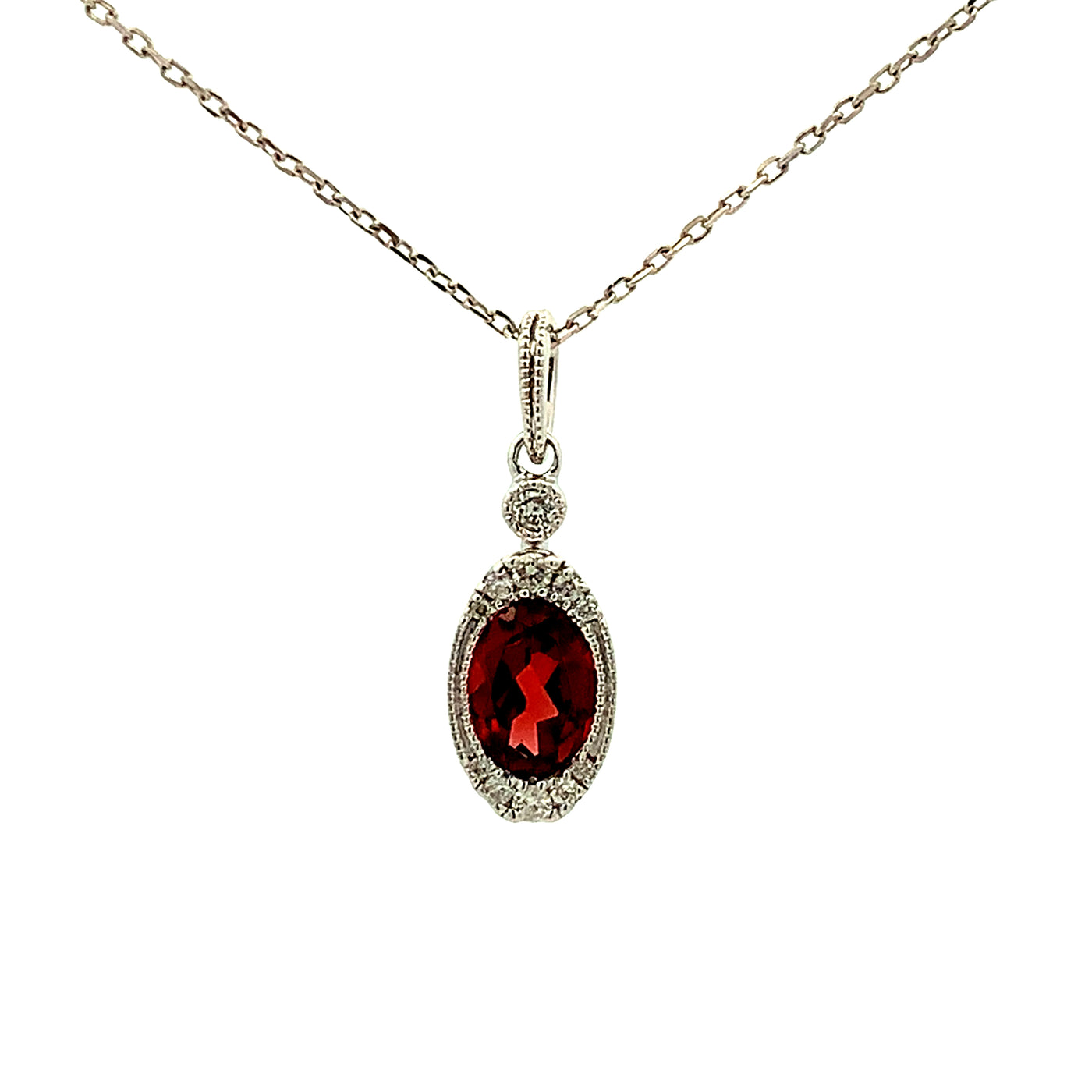14KW GARNET PENDANT NECKLACE WITH .08 CTW OF DIAMONDS