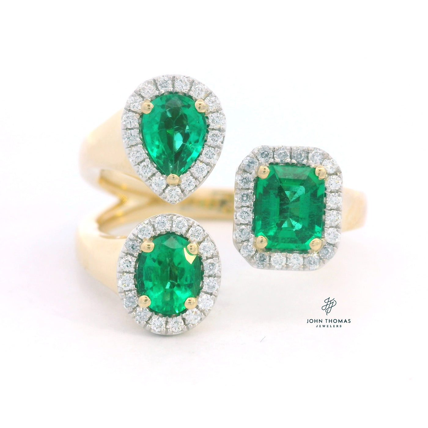 14KY THREE EMERALD AND DIAMOND RING