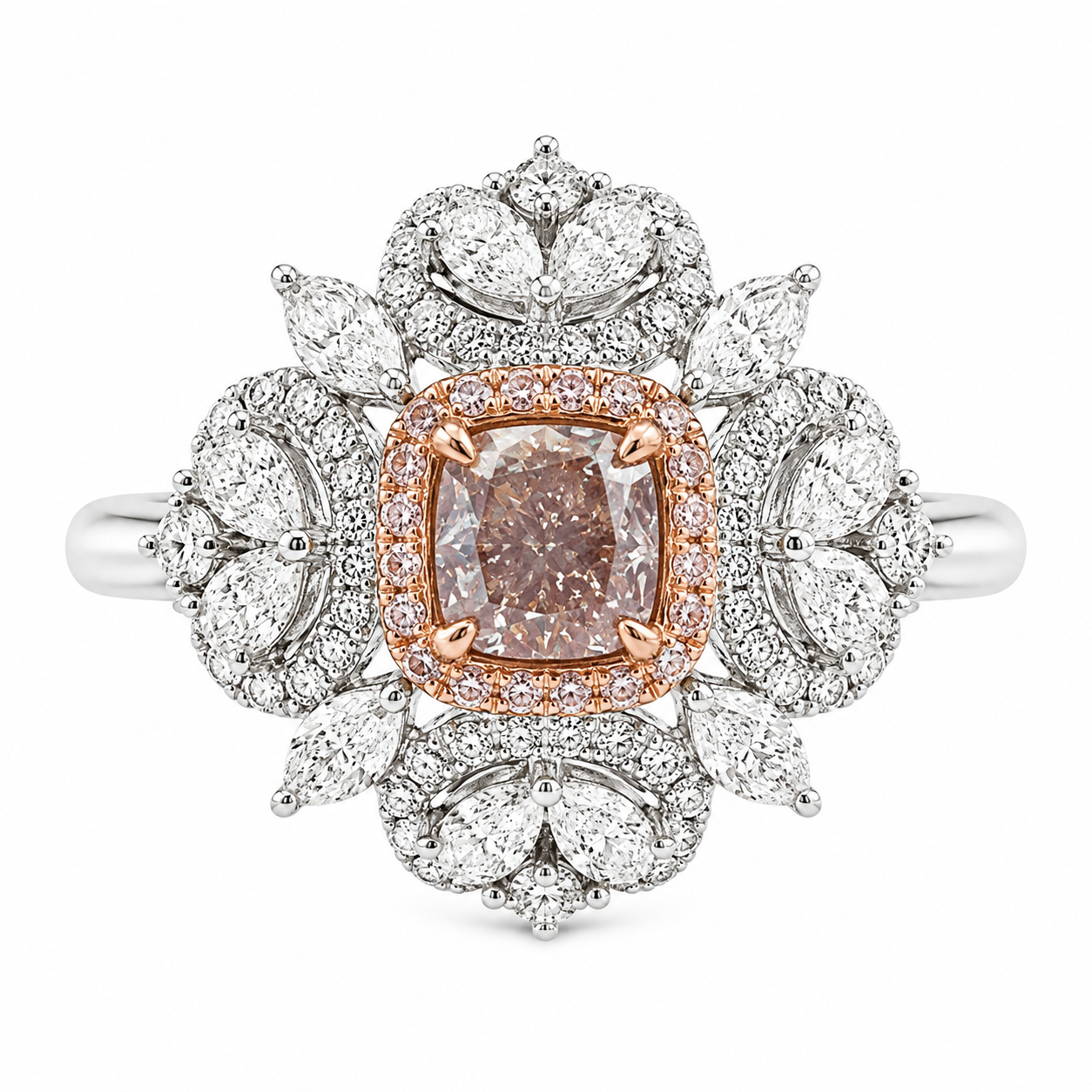 18K GOLD NATURAL CUSHION PINK DIAMOND CENTER DIAMOND RING