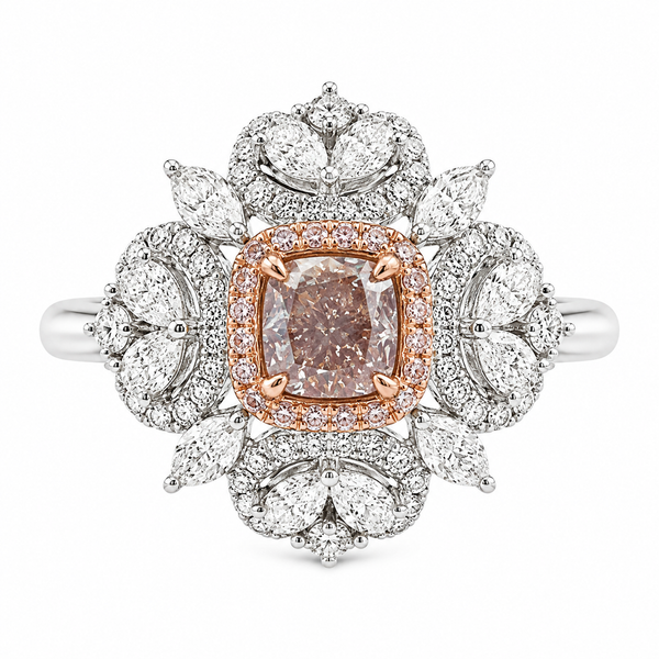 18K GOLD NATURAL CUSHION PINK DIAMOND CENTER DIAMOND RING