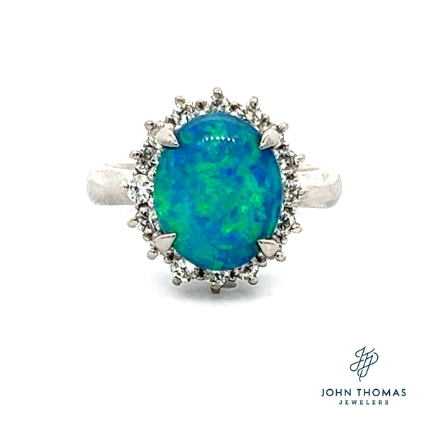 PLATINUM LIGHTENING RIDGE OPAL AND DIAMOND OPAL STATEMENT RING