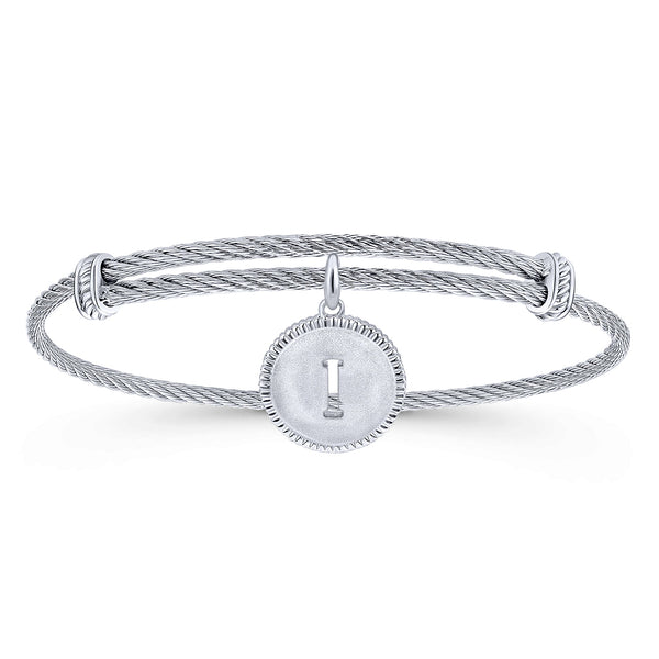 ADJUSTABLE TWISTED CABLE STAINLESS STEEL BANGLE WITH STERLING SILVER I INITIAL CHARM