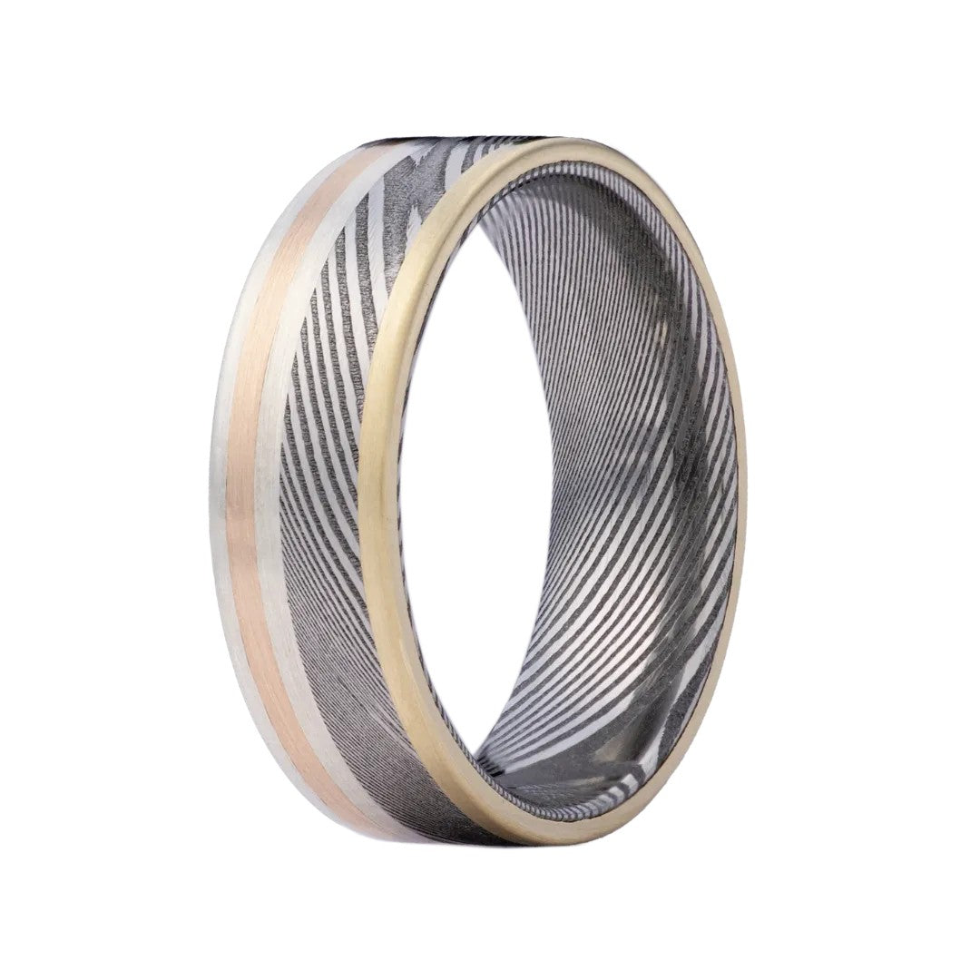 7MM Silver, Rose, and Yellow Gold Damascus Men's Band - Size 10