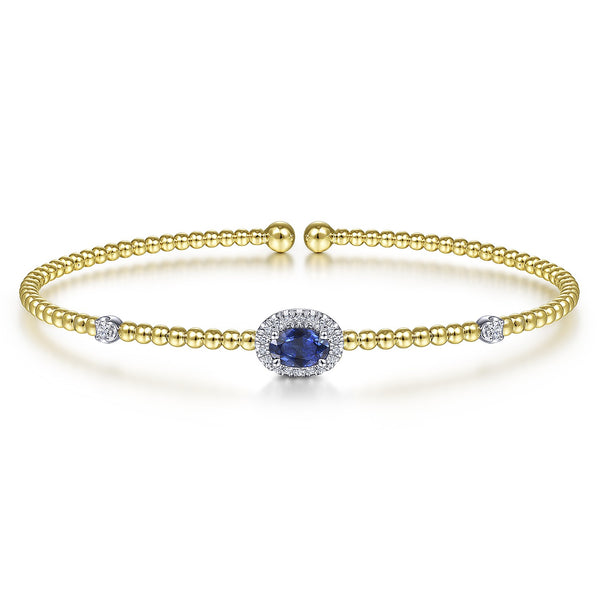 14KT WHITE-YELLOW GOLD BUJUKAN BEAD CUFF BRACELET WITH SAPPHIRE AND DIAMOND HALO STATION