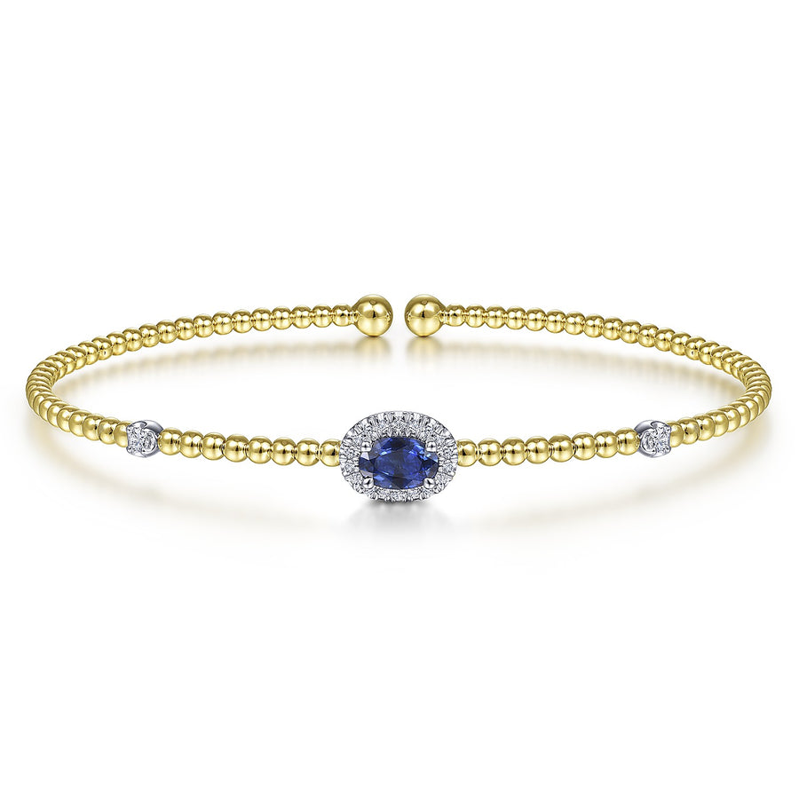 14KT White-Yellow Gold Bujukan Bead Cuff Bracelet with Sapphire and Diamond Halo Station