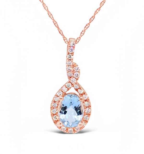 14K ROSE GOLD AQUAMARINE PENDANT WITH DIAMOND ACCENTS