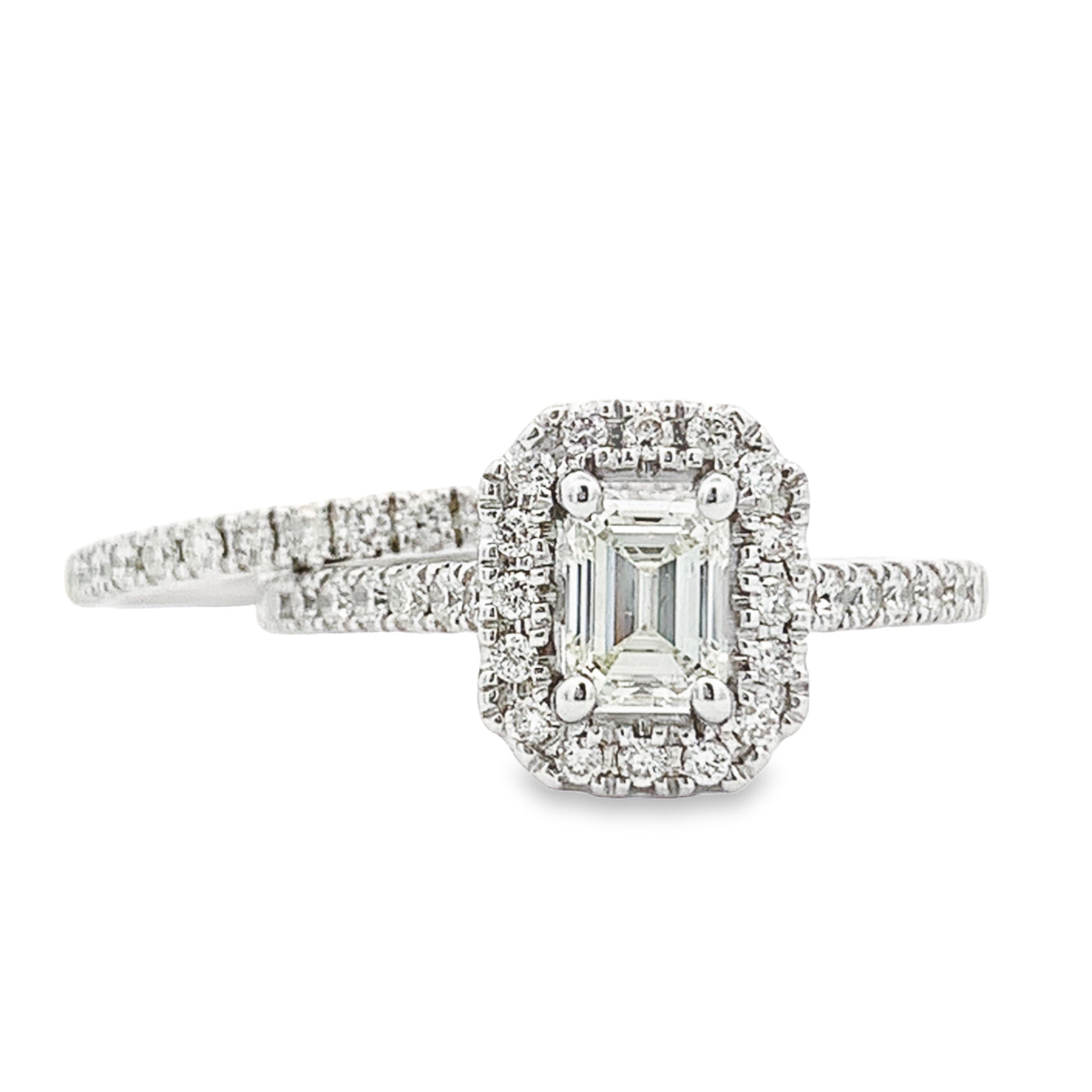 14K White Gold Emerald Cut Diamond Halo Engagement Ring Set