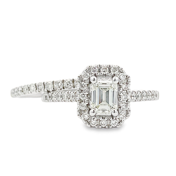 14K White Gold Emerald Cut Diamond Halo Engagement Ring Set