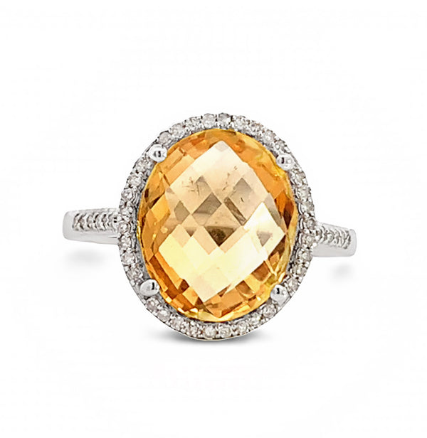 14K WHITE CITRINE AND DIAMOND FASHION RING