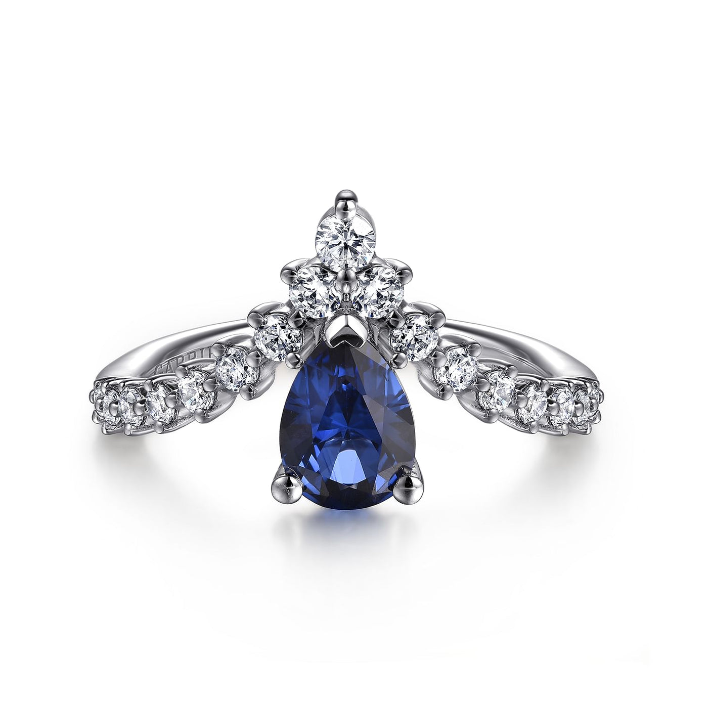 PEAR SAPPHIRE AND DIAMOND CHEVRON LADIES RING IN 14K WHITE GOLD