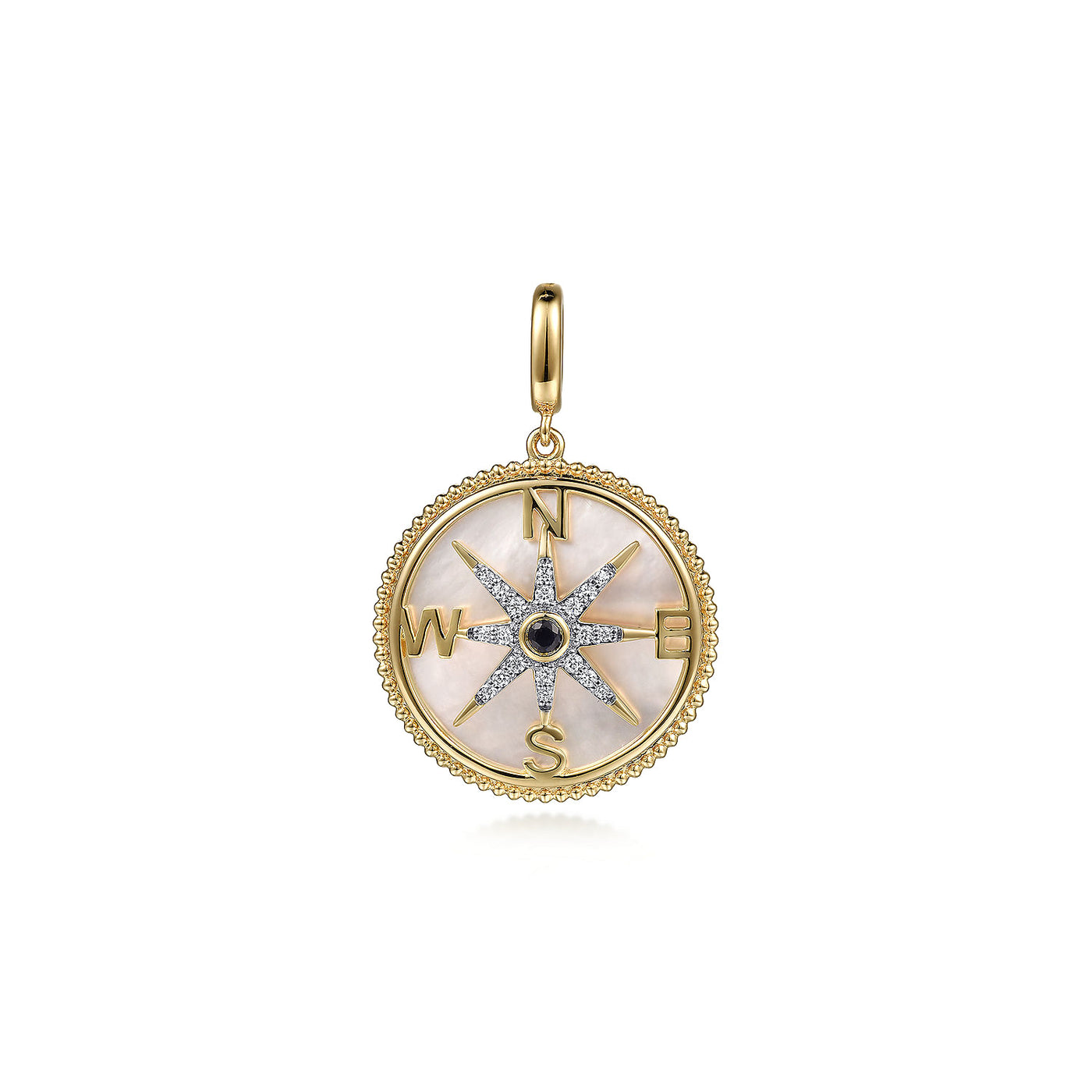 14KY DIAMOND (0.15CTW), BLUE SAPPHIRE (A QUALITY/.07 CTW), WHITE MOTHER OF PEARL (4.60 TW), BUJUKAN COMPASS MEDALLION PENDANT.