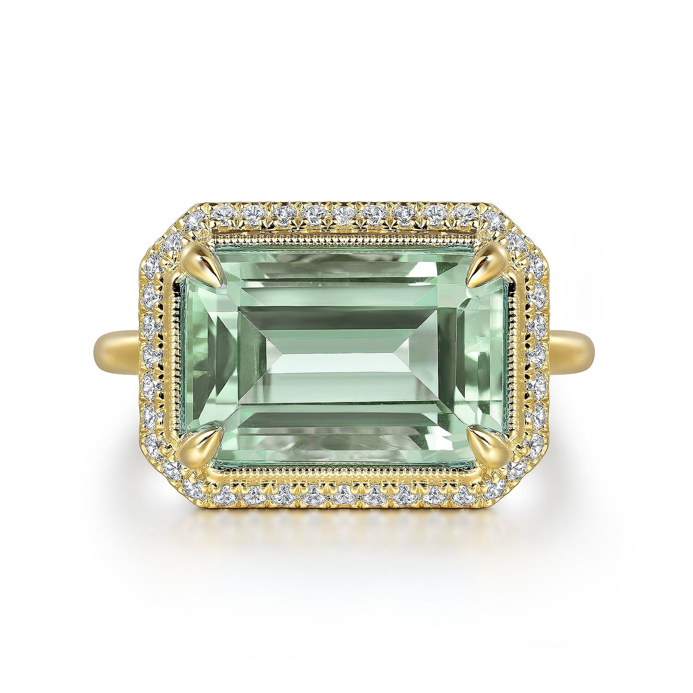14K YELLOW GOLD DIAMOND AND GREEN AMETHYST EMERALD CUT RING WITH FLOWER PATTERN GALLERY