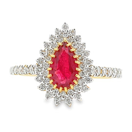 18K Two Tone Ruby and Diamond Halo Ring