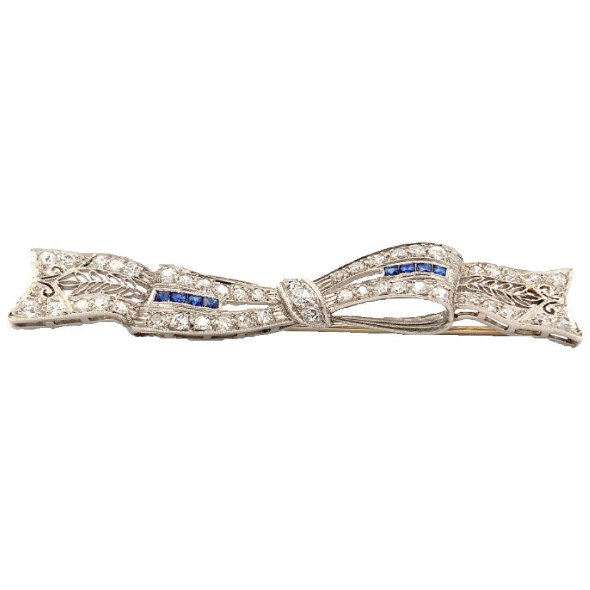 Platinum Art Deco Diamond & Sapphire Filigree Ribbon Pin/Brooch
