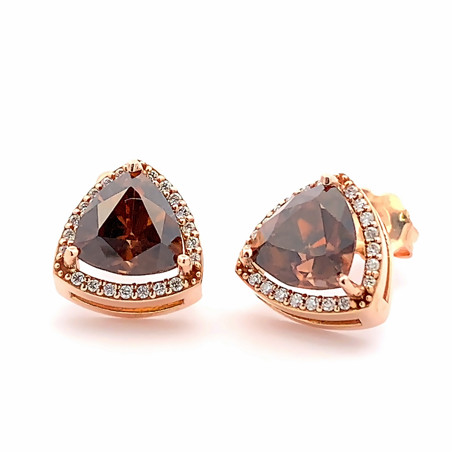 Rose Gold Brown Zircon Trillian Cut Stud Earrings with Diamonds