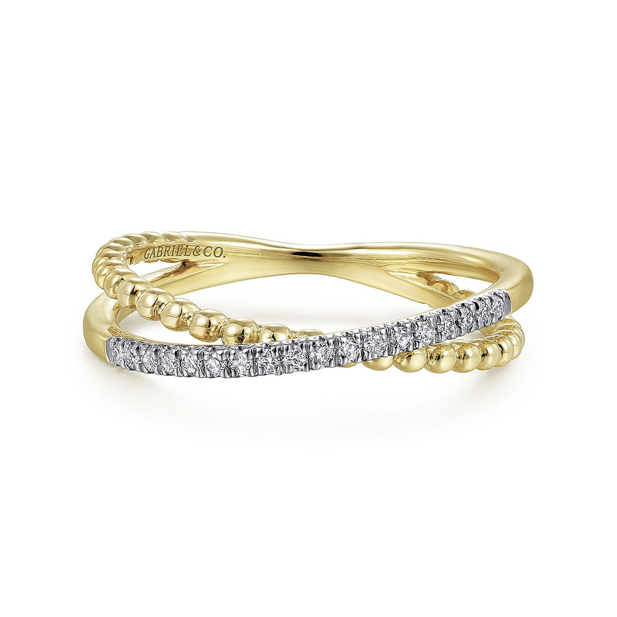 14KT Yellow Gold Beaded Pavé Diamond Criss Cross Ring