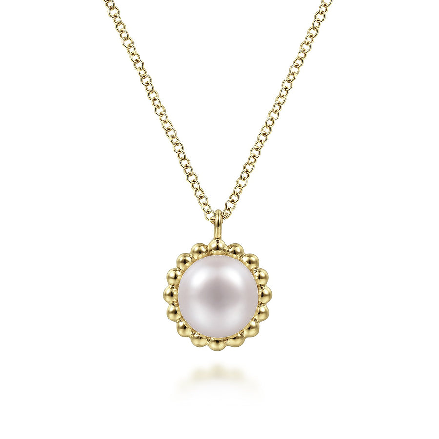 14KT Yellow Gold Round Pearl Pendant Necklace with Bujukan Beaded Frame