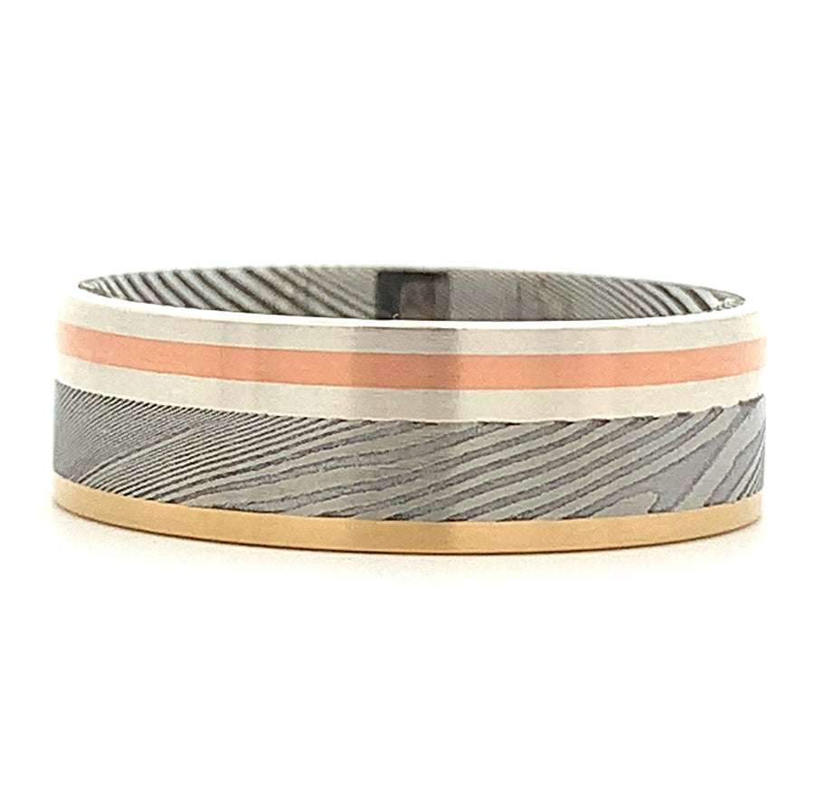 7MM Silver, Rose, and Yellow Gold Damascus Men's Band - Size 10