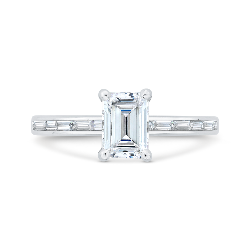 14K White Gold Emerald Cut Diamond Engagement Ring with Baguette Accents (Semi-Mount)