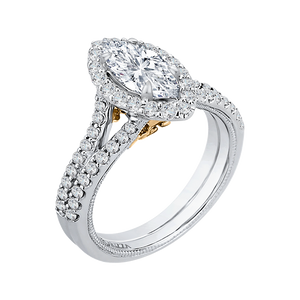 14K Two-Tone Gold Marquise Diamond Halo Vintage Engagement Ring with Split Shank (Semi-Mount)