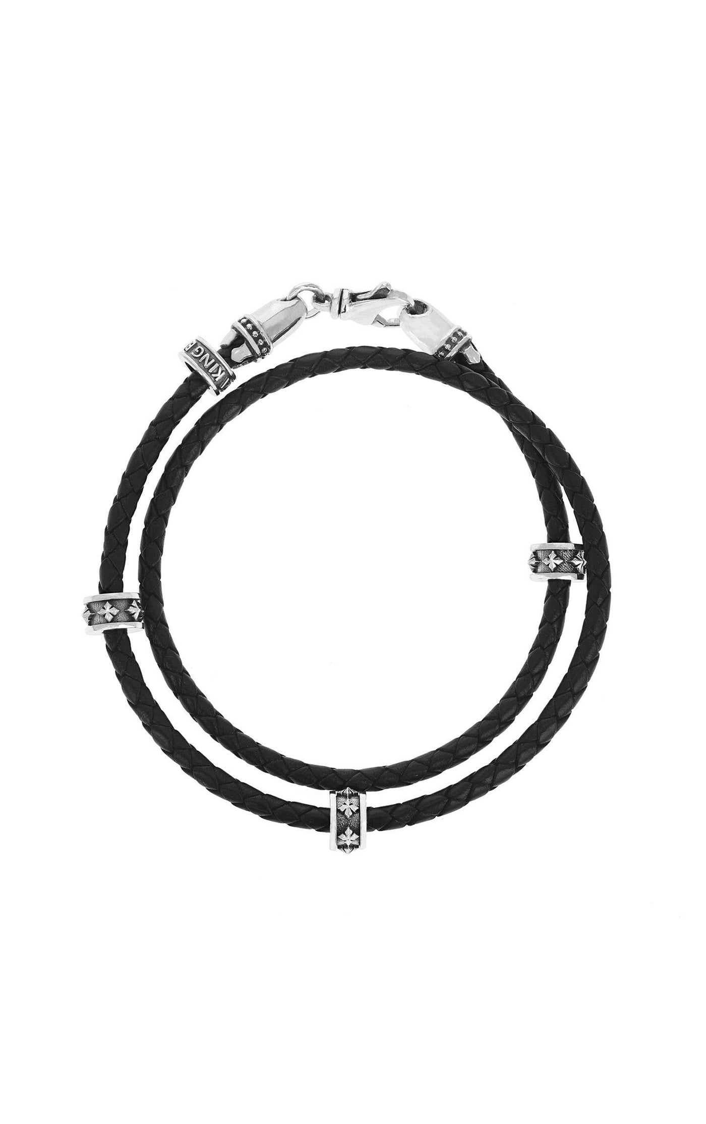 King Baby Double Wrap Leather Bracelet w/Micro Stackable MB Cross Rings - John Thomas Jewelers.