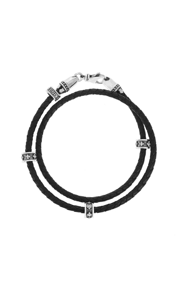 King Baby Double Wrap Leather Bracelet w/Micro Stackable MB Cross Rings - John Thomas Jewelers.