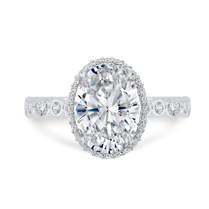 14K White Gold Oval Cut Halo Engagement Ring with Diamond Bezel Accents (Semi-Mount)