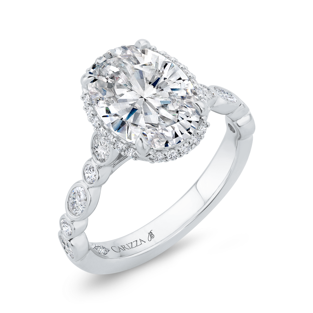 14K White Gold Oval Cut Halo Engagement Ring with Diamond Bezel Accents (Semi-Mount)