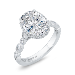 14K White Gold Oval Cut Halo Engagement Ring with Diamond Bezel Accents (Semi-Mount)