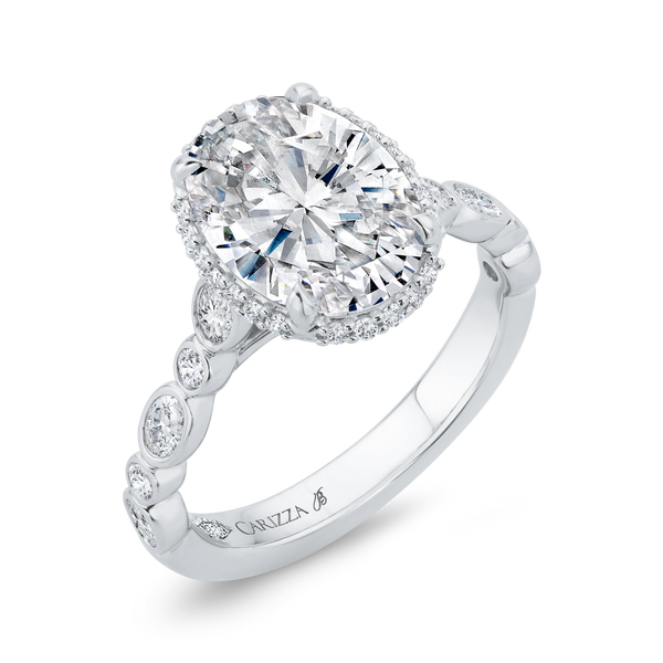14K White Gold Oval Cut Halo Engagement Ring with Diamond Bezel Accents (Semi-Mount)