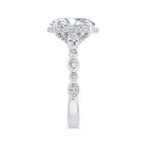 14K White Gold Oval Cut Halo Engagement Ring with Diamond Bezel Accents (Semi-Mount)