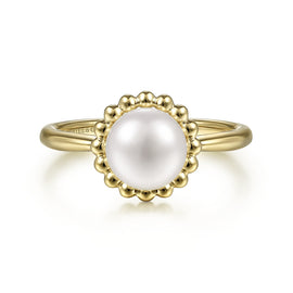 14KT Yellow Gold Pearl Ring with Bujukan Beaded Halo