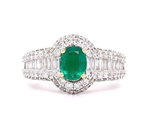 14KT White Gold .64CT Oval Emerald and Diamond Ring with Baguettes