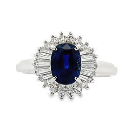 Platinum Oval Sapphire Ring with Baguette Diamond Accents